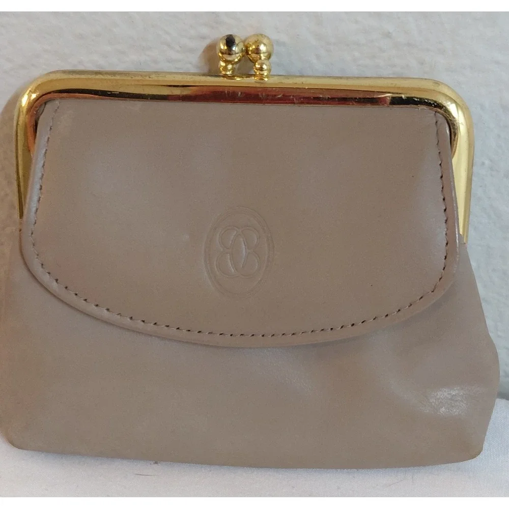 Vintage Buxton Genuine Leather Kiss Lock Coin Purse Taupe Gold Frame